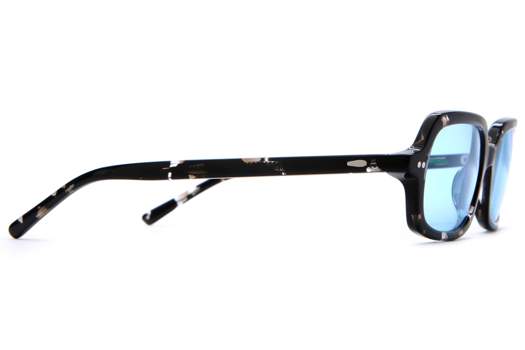 Sunglasses with black frame and blue lenses on a white background