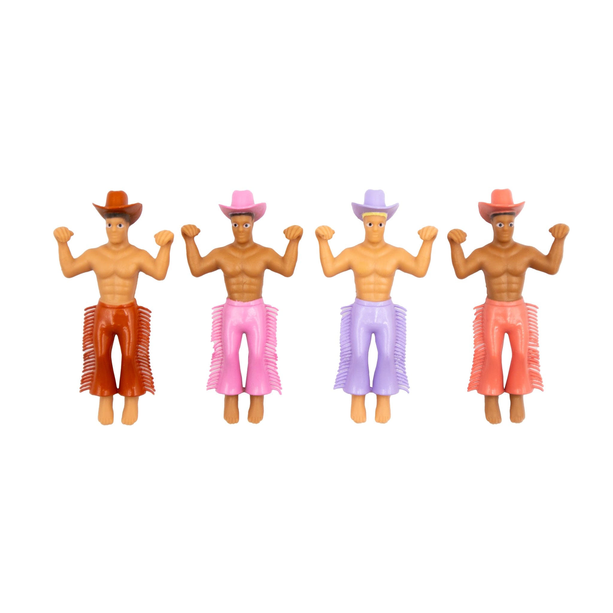 Four plastic cowboy figurines with muscular torsos, colorful cowboy hats and fringed chaps in brown, pink, purple, and coral