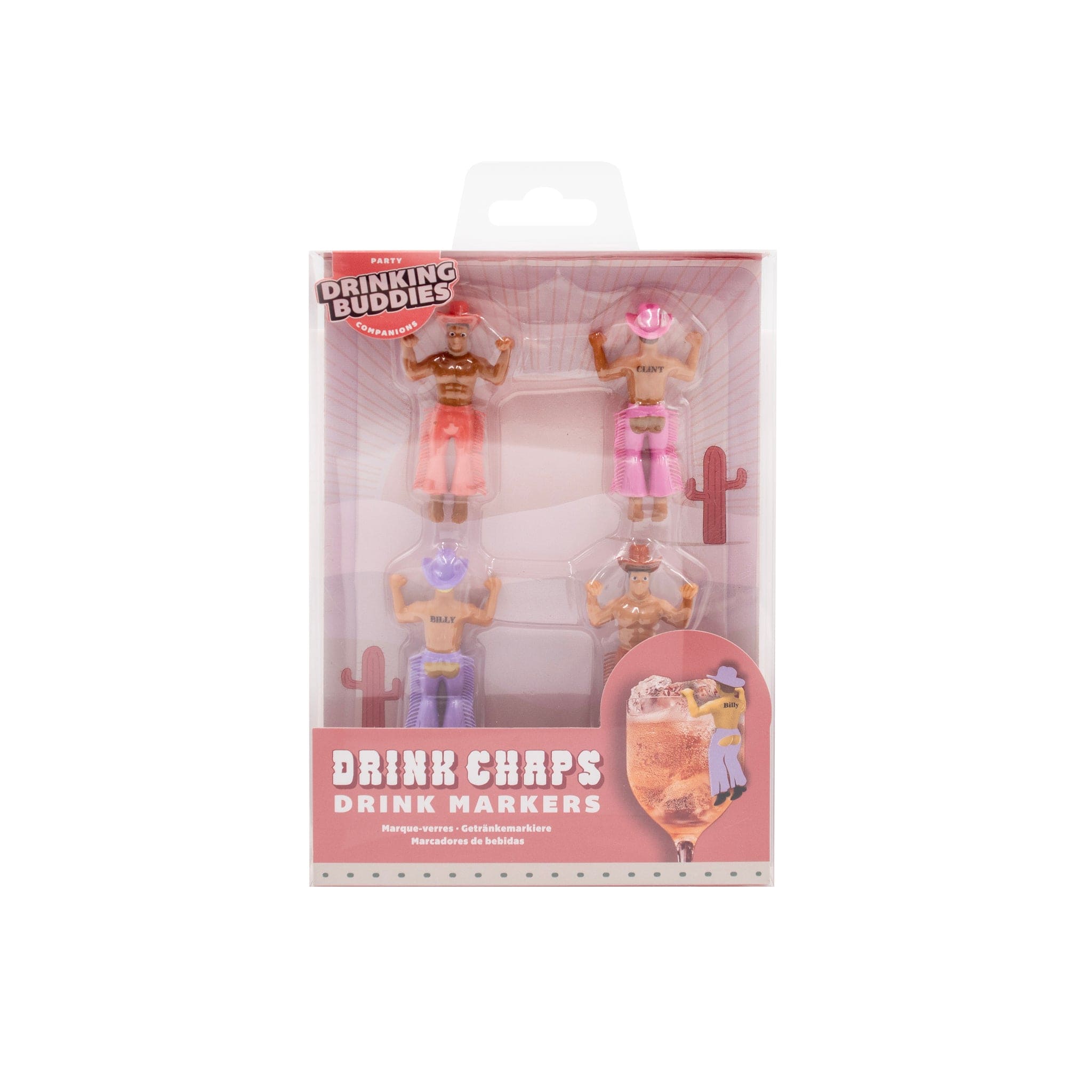 Drinking Buddies Drink Chaps glass markers set of 4 muscular figures in pink and purple swimwear in clear packaging