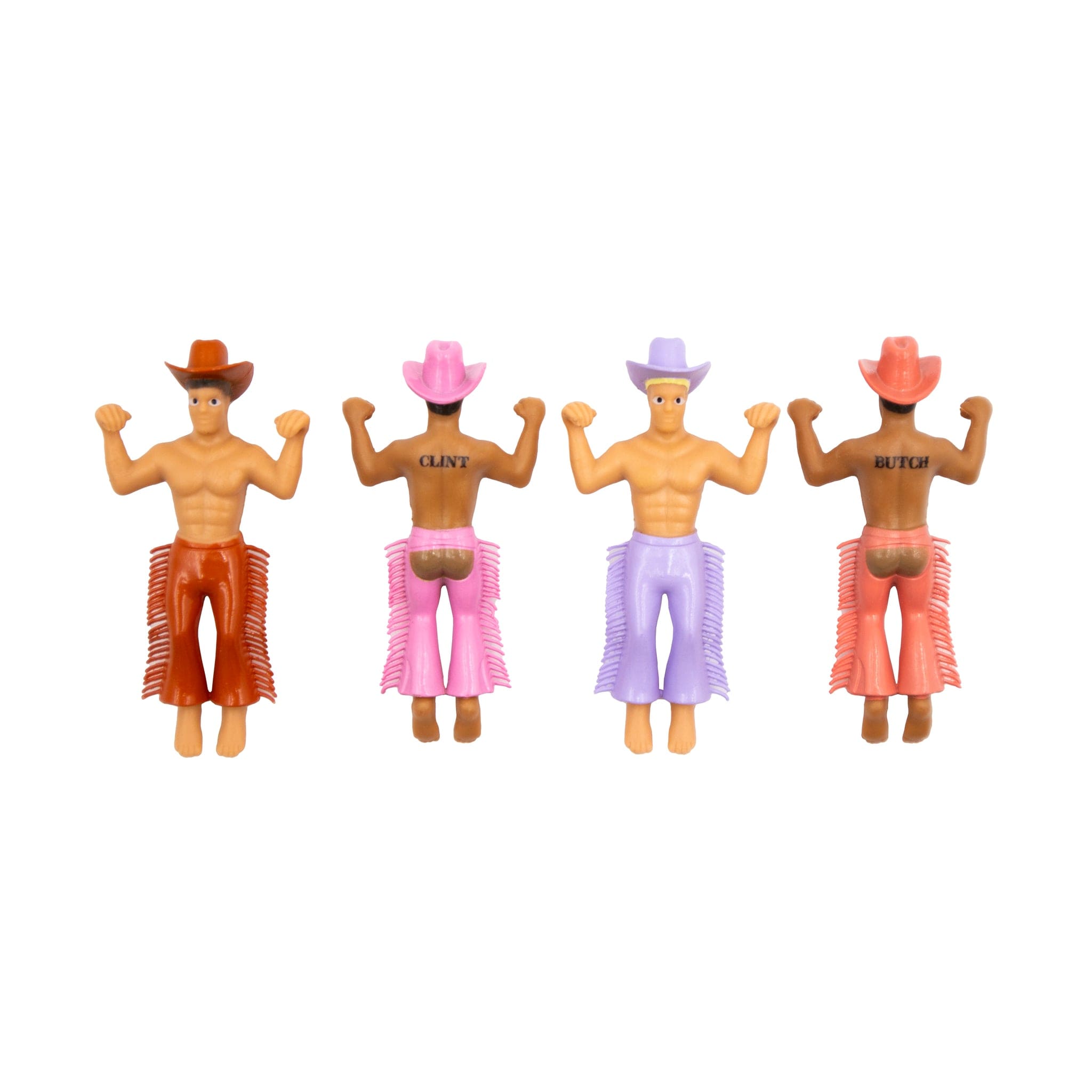 Four shirtless cowboy toy figurines with colorful hats and fringed chaps in orange, pink, purple, and coral colors