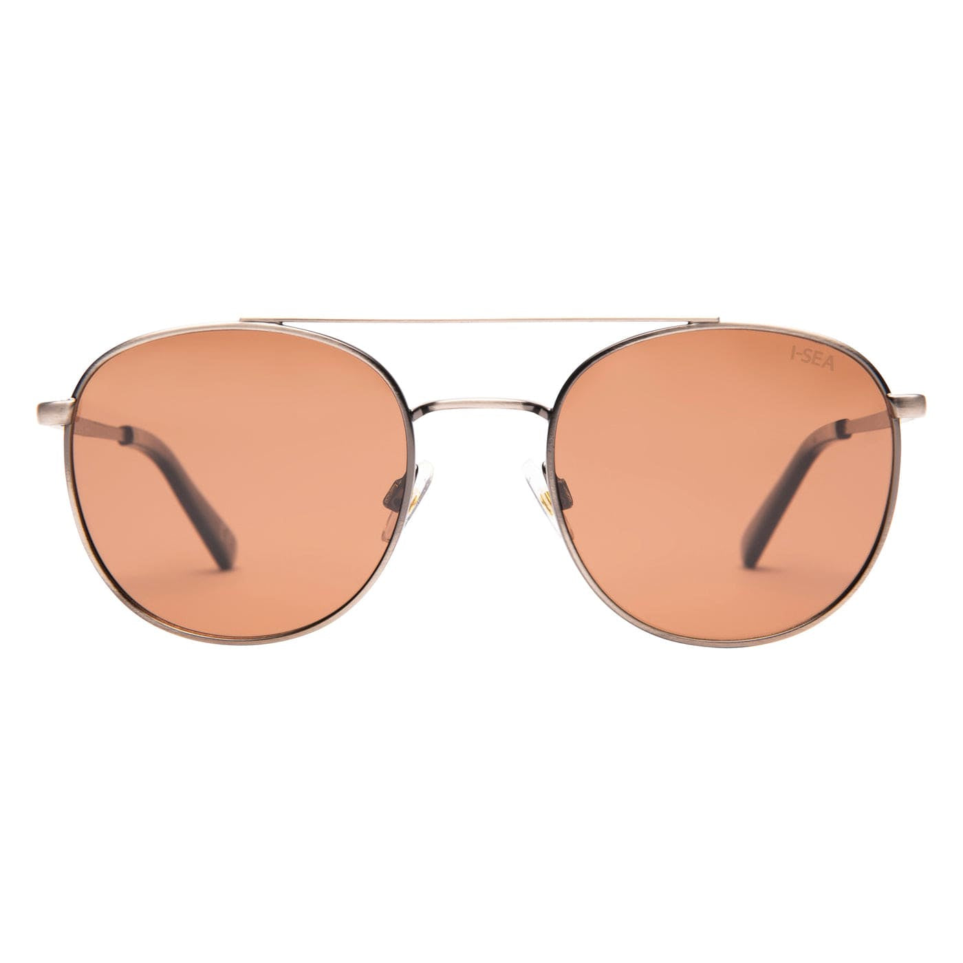 Round sunglasses with gold frame and orange-tinted lenses on a white background