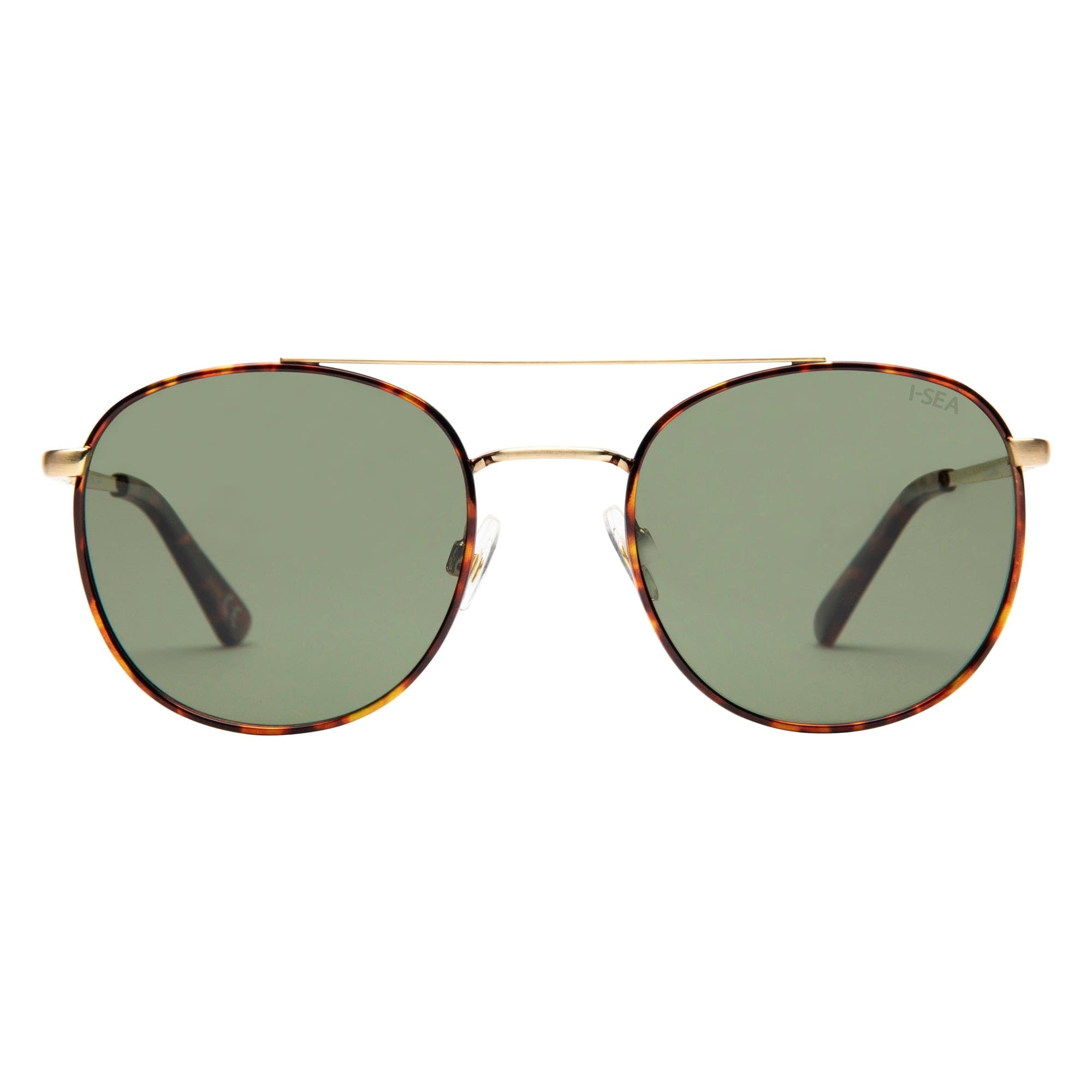 Round sunglasses with gold frame and green lenses on a white background