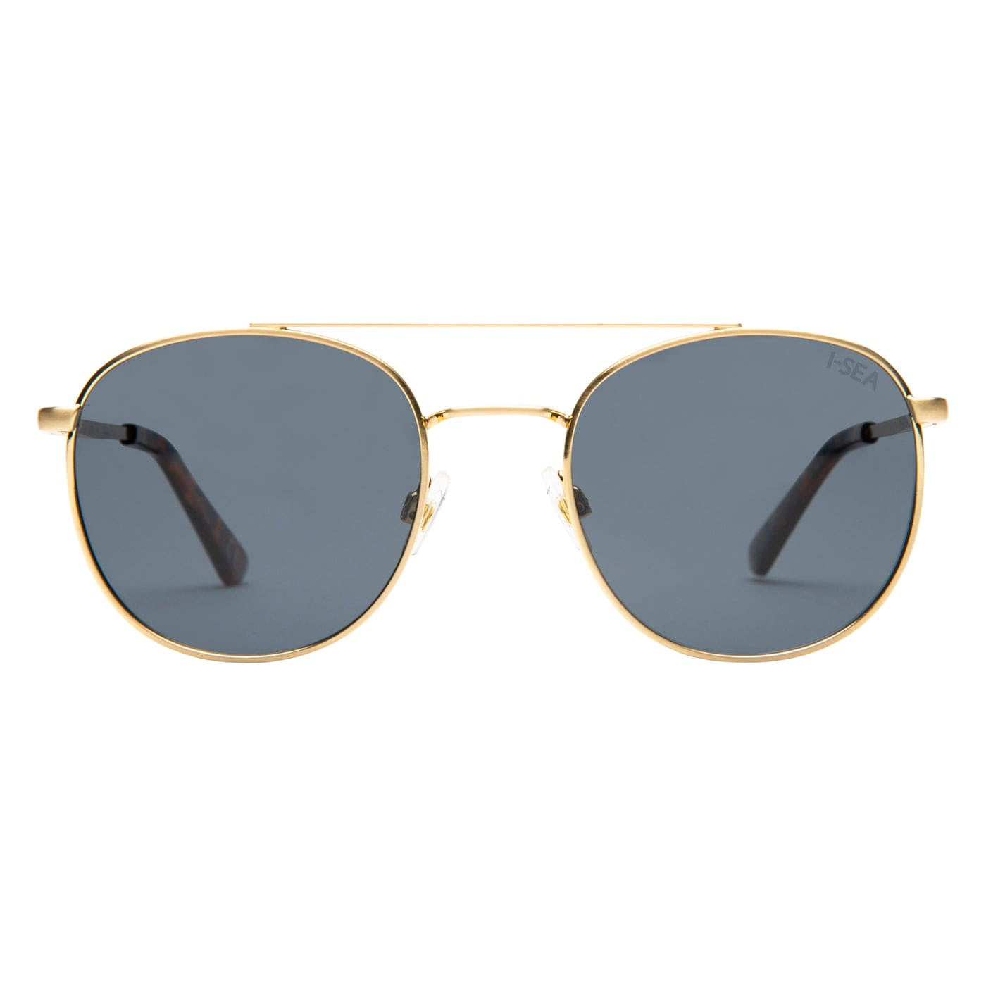 Gold-framed sunglasses with dark lenses on a white background