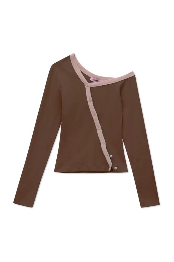 Brown long-sleeve cardigan with pink contrast trim and asymmetrical button closure, laid flat on white background