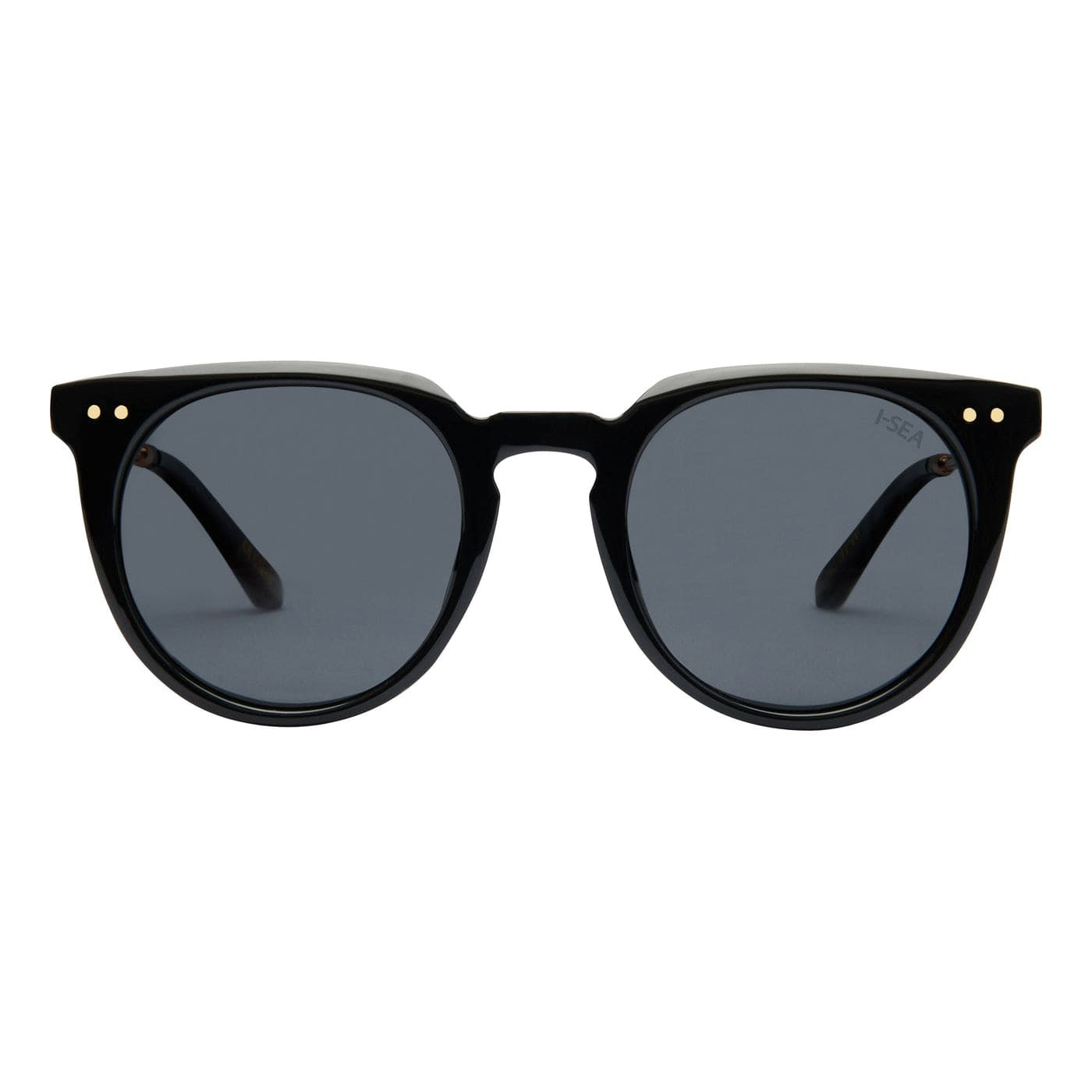 Black sunglasses with dark lenses on a white background