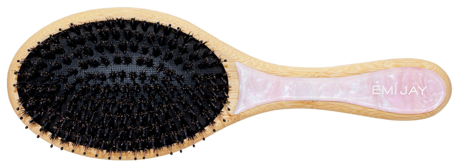 Wooden paddle hairbrush with black bristles and pink marbled handle featuring EMI JAY branding