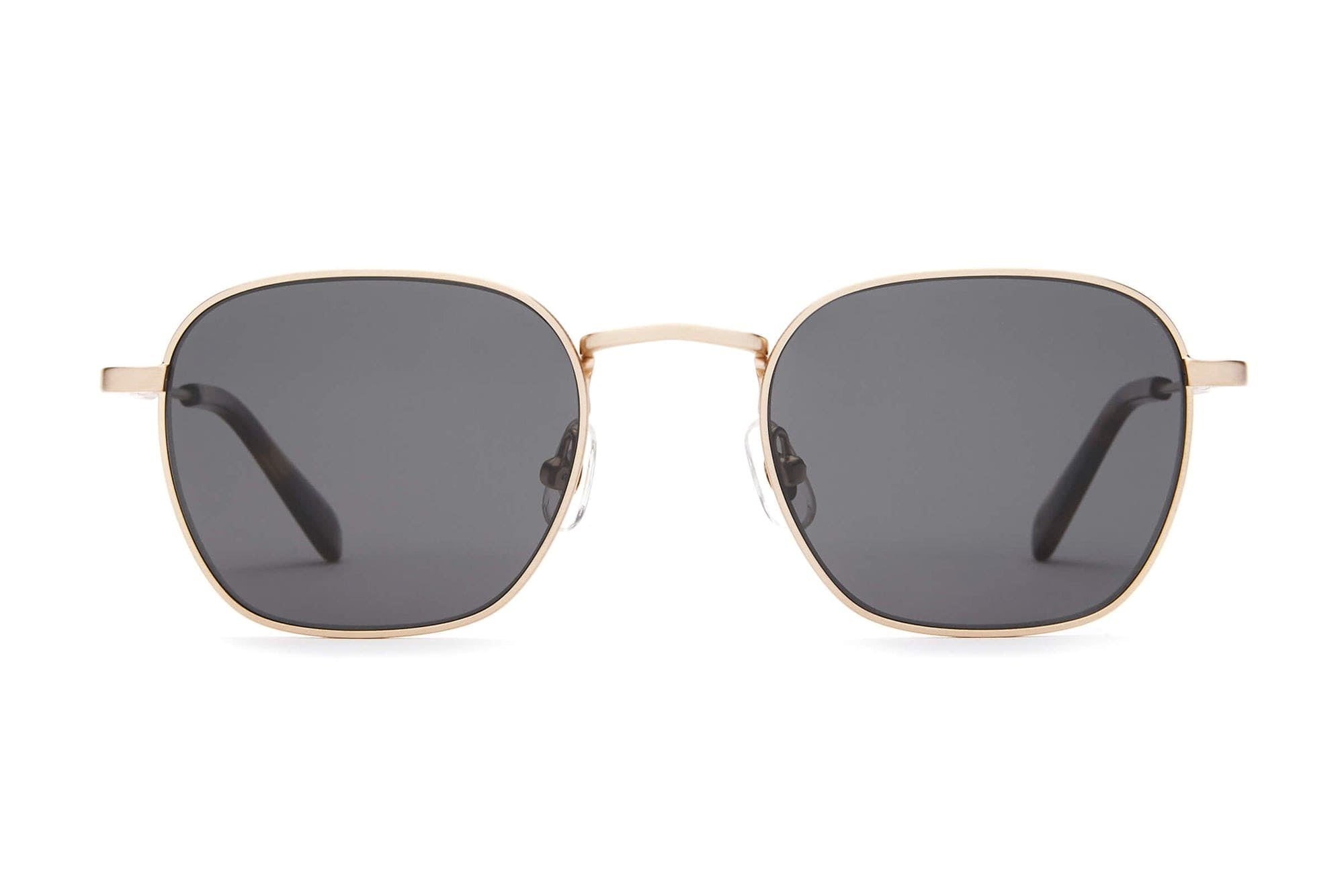 Square gold metal frame sunglasses with dark gray lenses and black temple tips