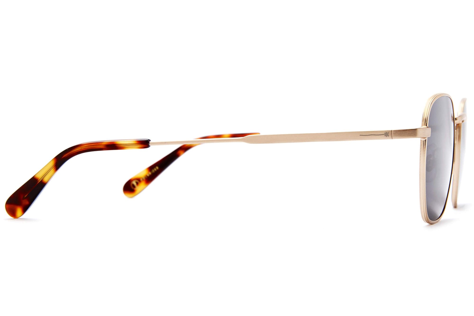 Gold-tone aviator sunglasses with tortoiseshell temples and gray lenses, shown from side angle on white background