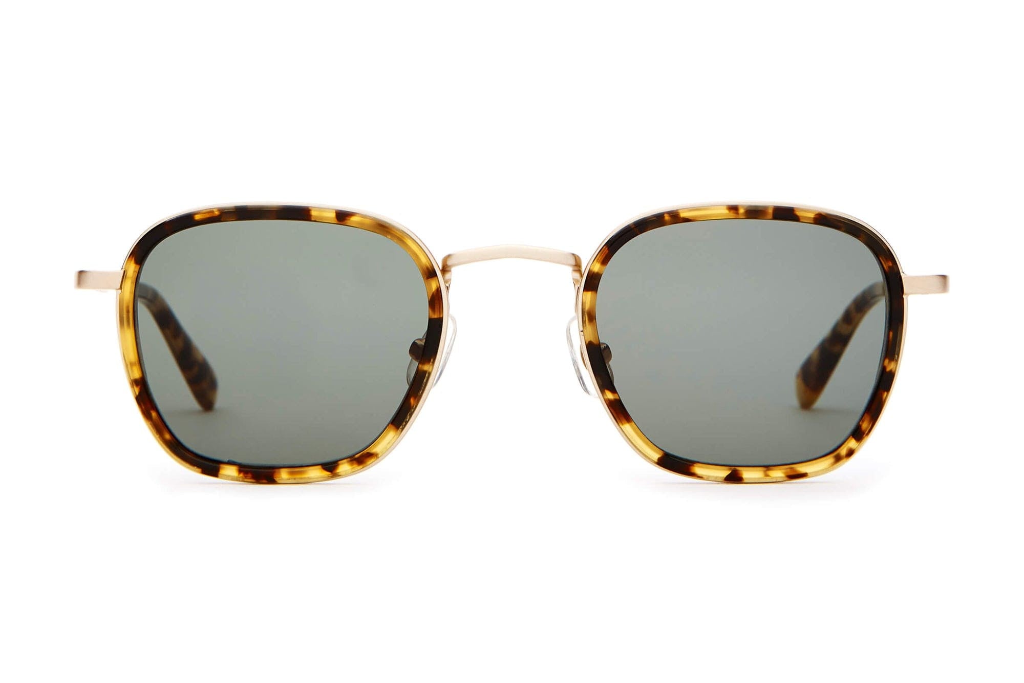 Square tortoiseshell sunglasses with gold metal bridge and temples and dark gray lenses on white background