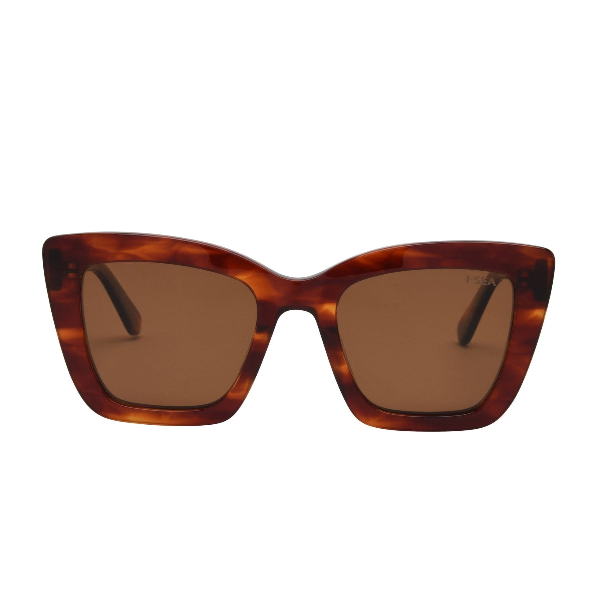 Tortoiseshell sunglasses with brown lenses on a white background