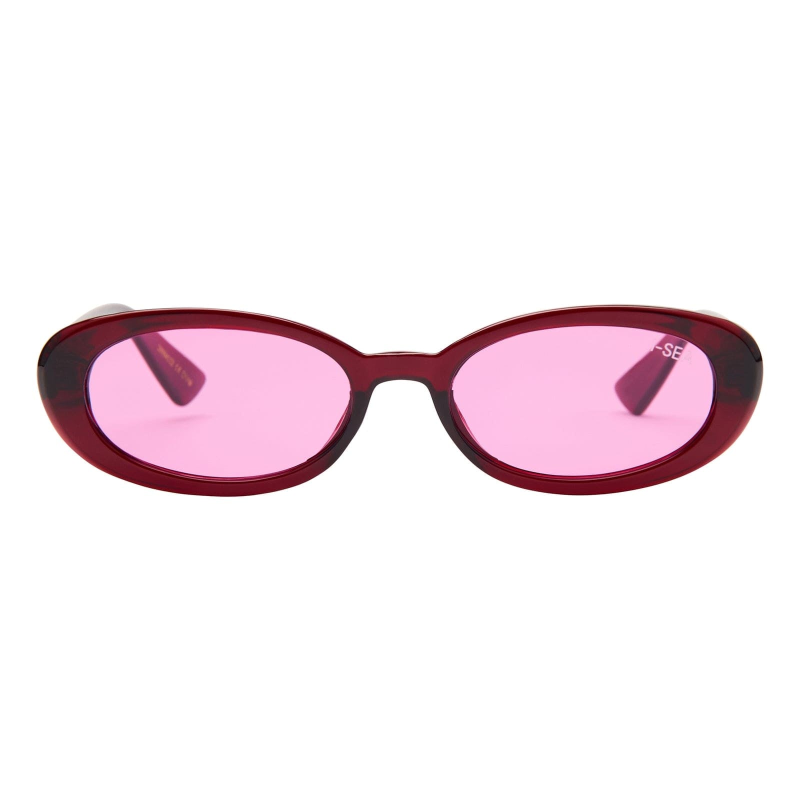 Sunglasses with pink lenses and red frame on a white background