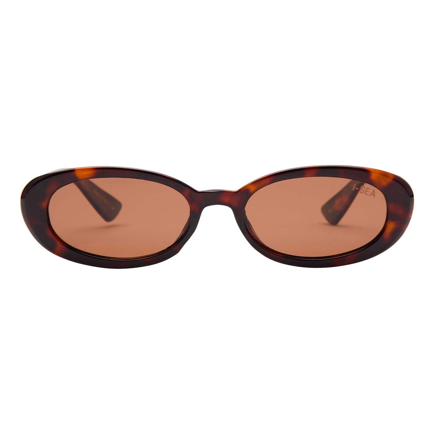 Oval tortoiseshell sunglasses with brown tinted lenses and retro-inspired frame design