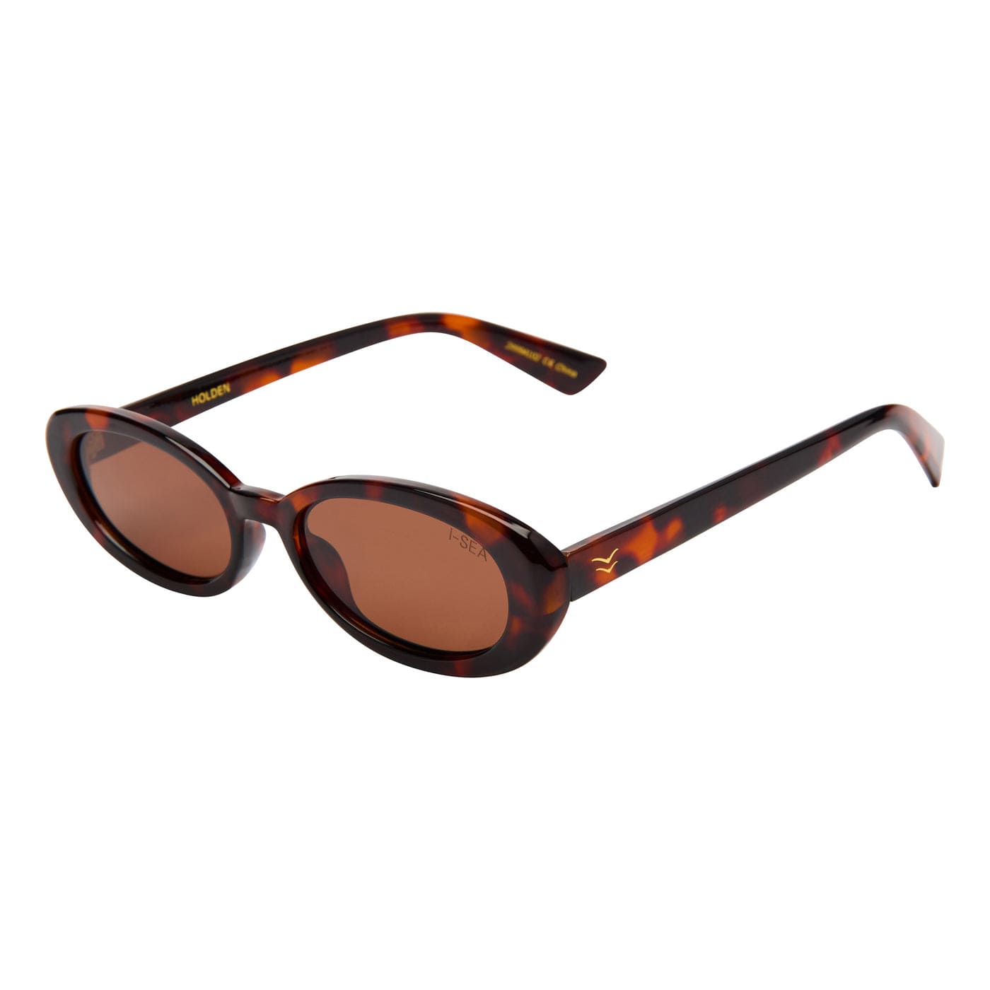 Oval tortoiseshell sunglasses with brown lenses and gold Hollister seagull logo on temple