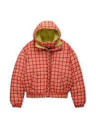 Red and white checkered puffer jacket with olive green fleece-lined hood and elastic hem