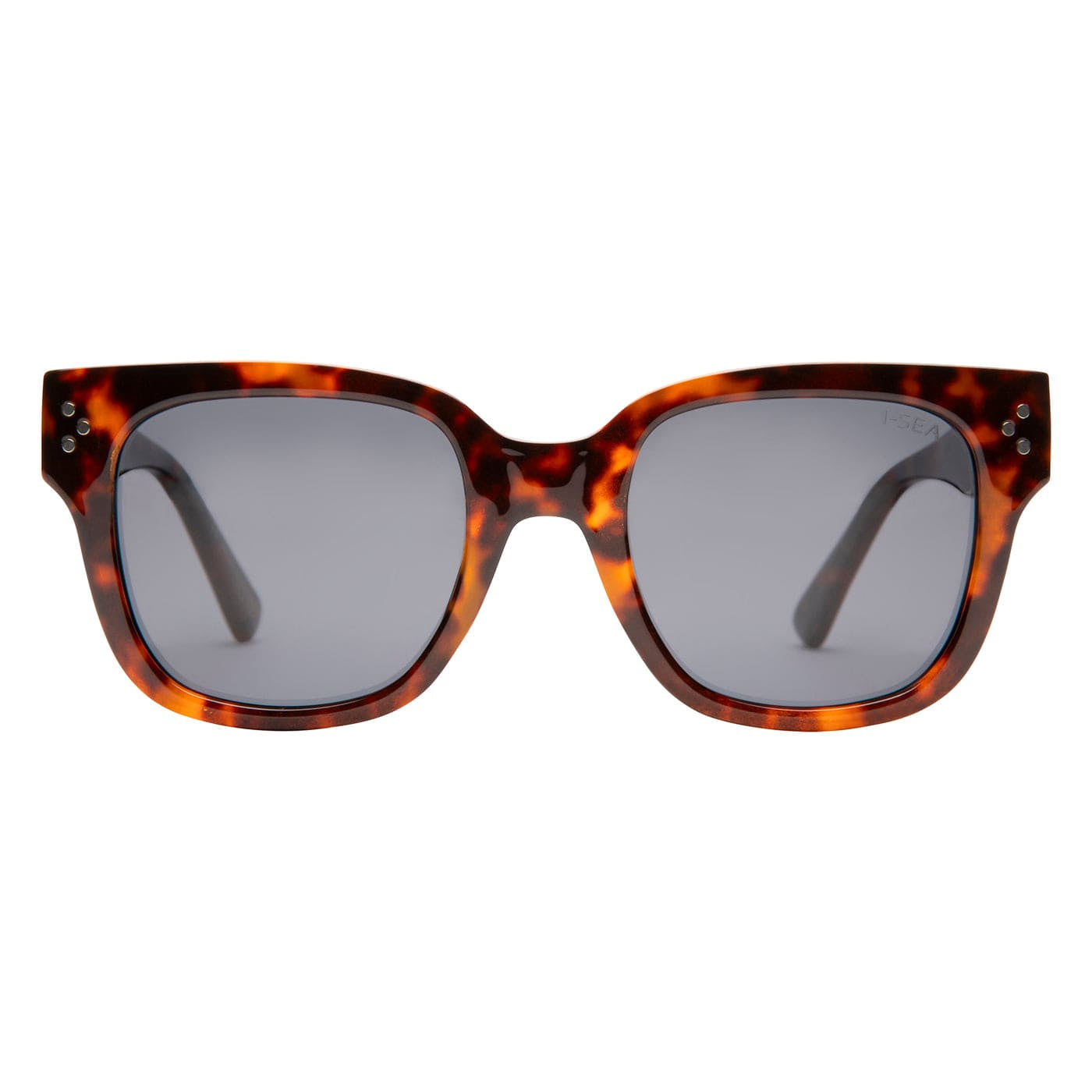 Sunglasses with tortoiseshell frame and dark lenses on a white background