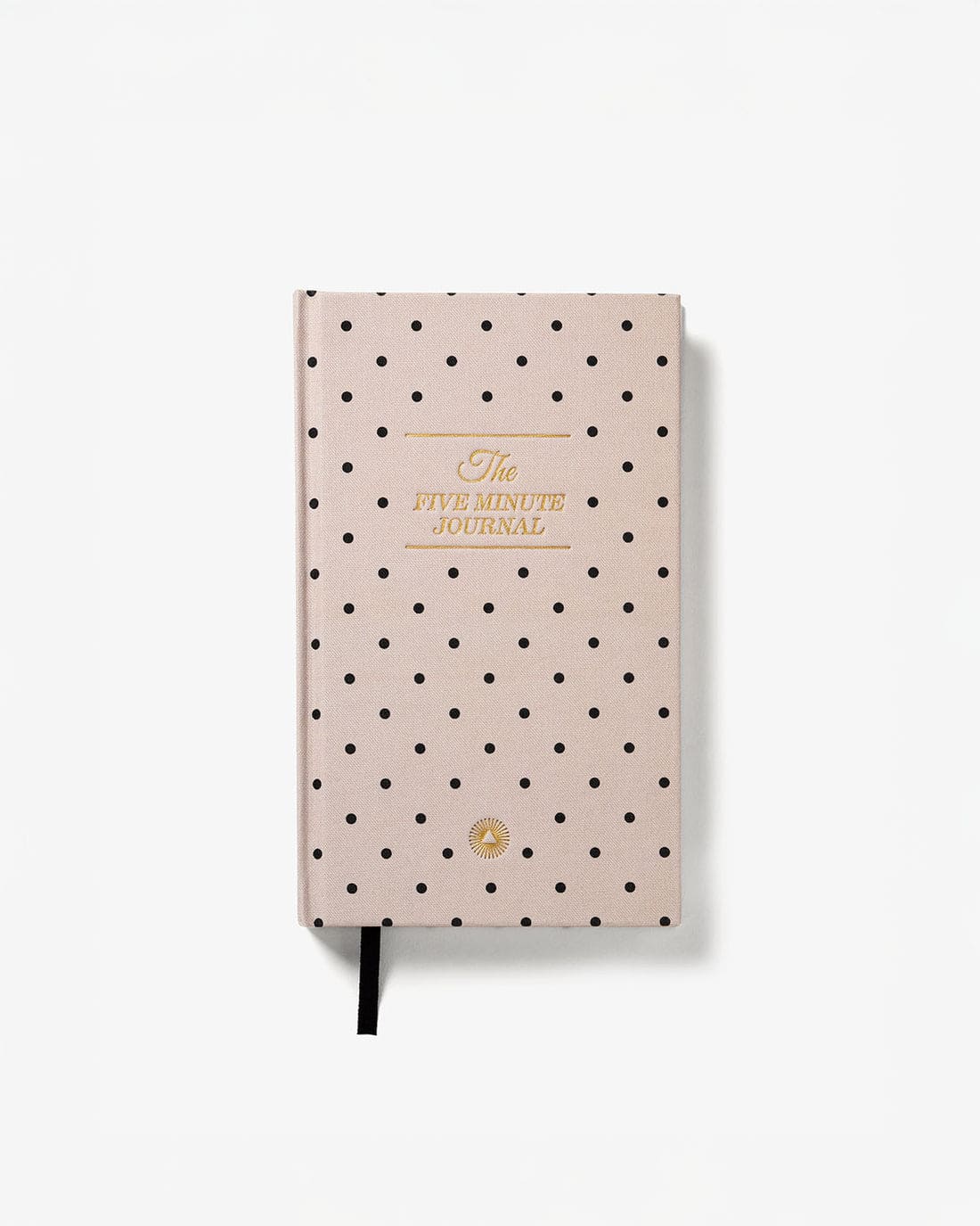 Pink polka dot hardcover journal with gold foil text reading "The Five Minute Journal" and black ribbon bookmark