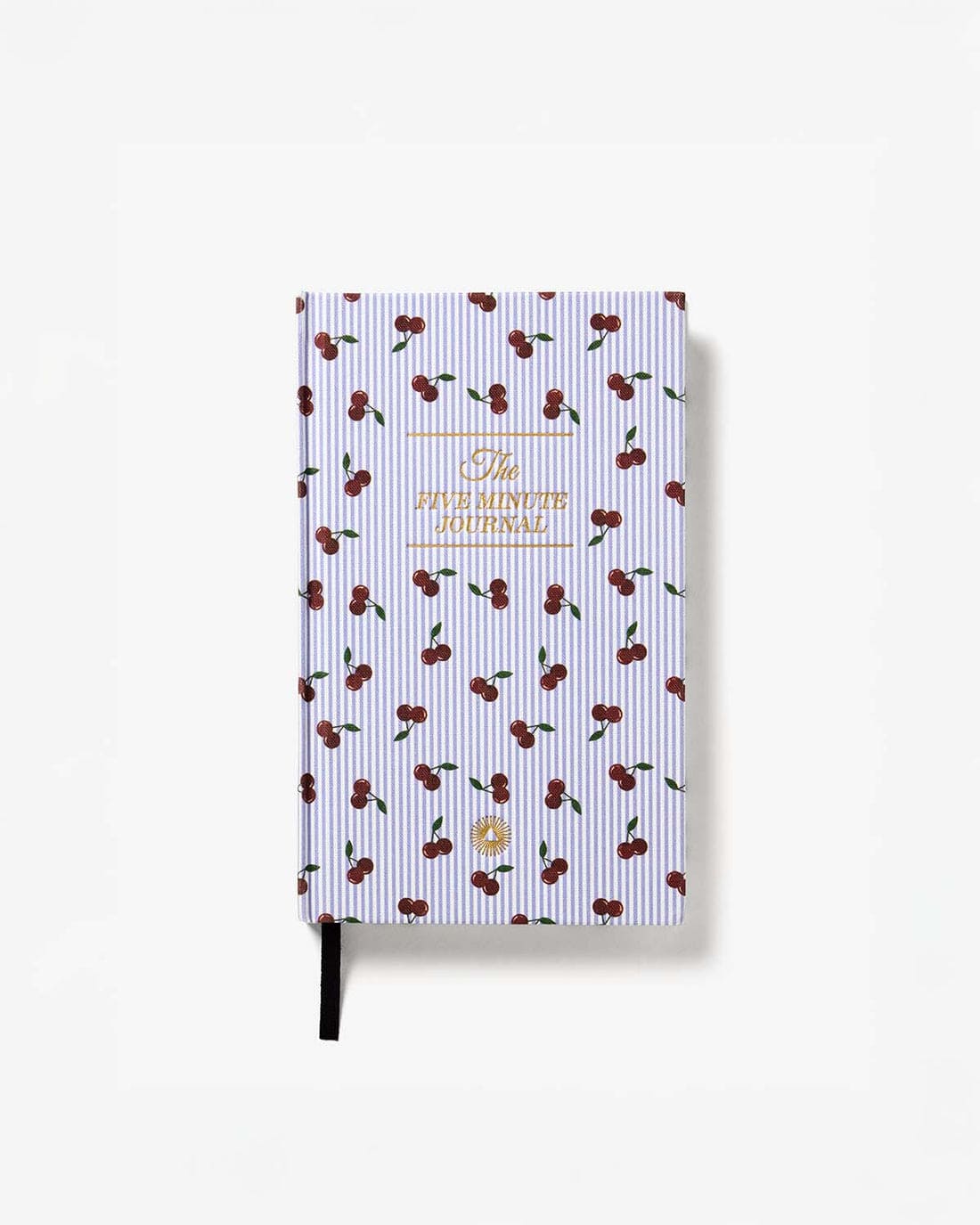 Cherry pattern journal with purple striped background, gold foil text reading "The Five Minute Journal", and black ribbon bookmark