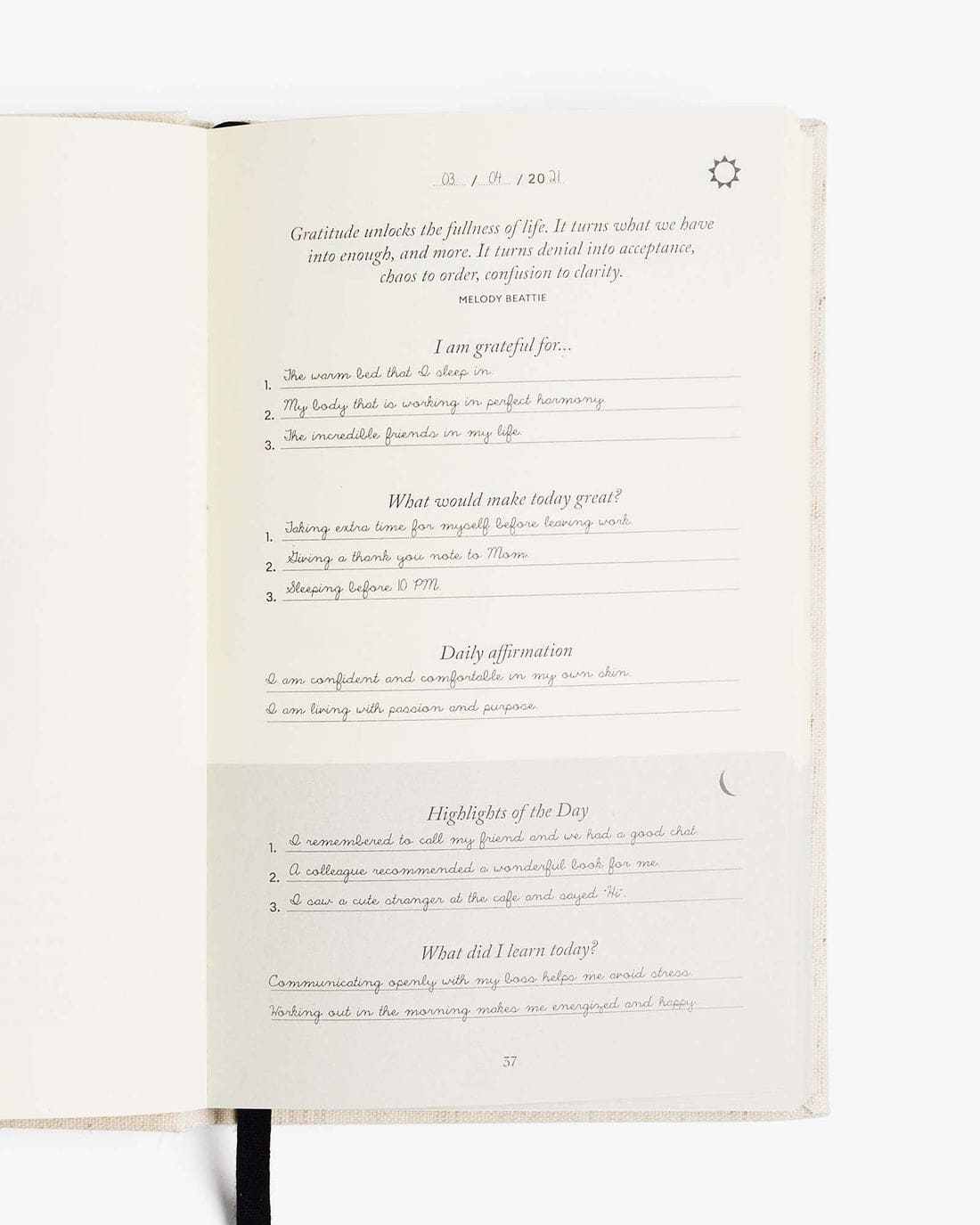 Daily gratitude journal page with prompts for grateful thoughts, daily affirmation, highlights, and learnings in cream and gray tones