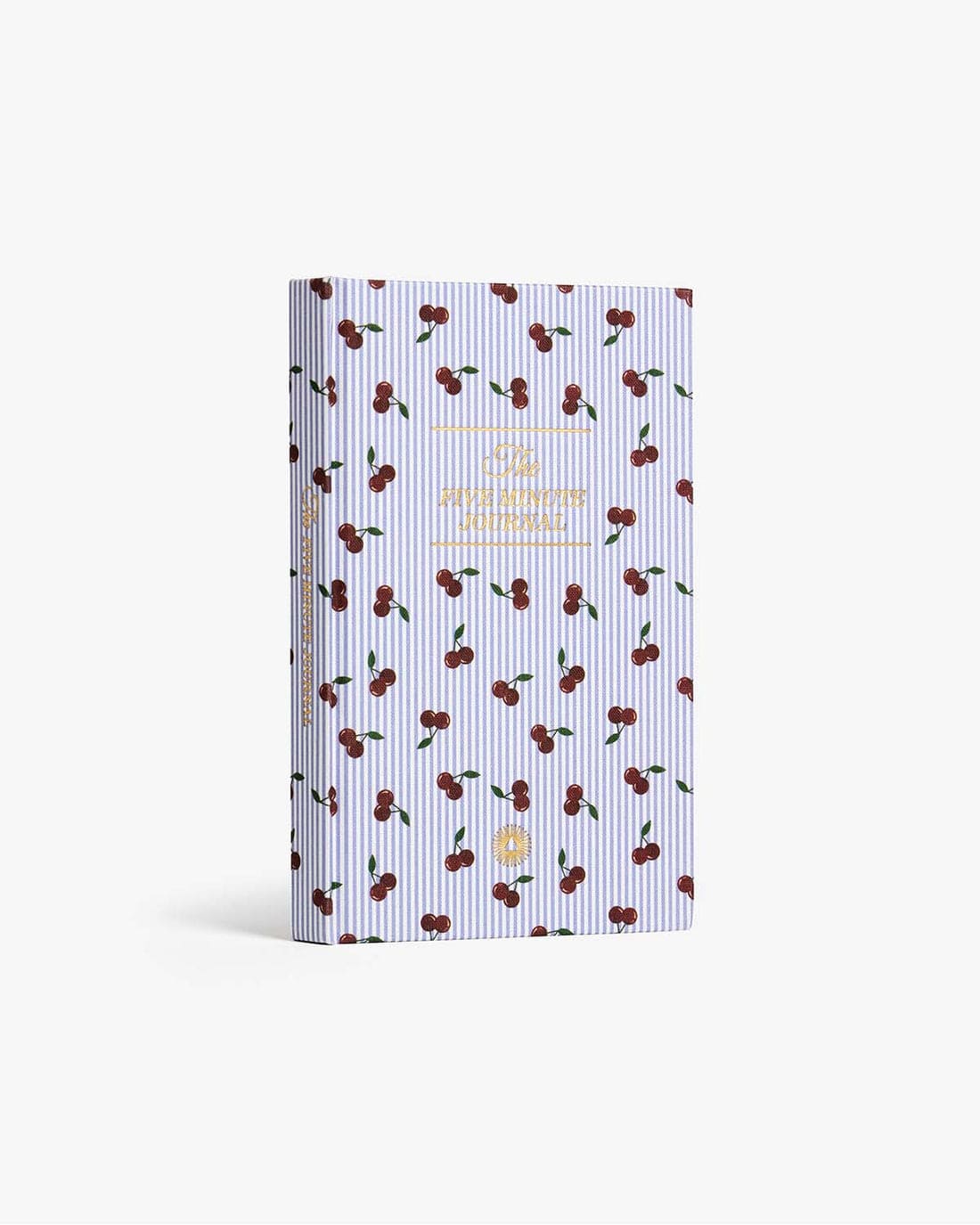 Hardcover journal with blue and white striped pattern, cherry print, and gold foil text reading "Everything Happens for a Reason"