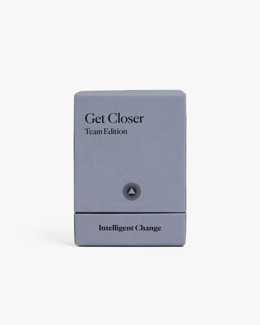 Gray textured card deck box with "Get Closer Team Edition" and "Intelligent Change" text, featuring a circular radial logo in center