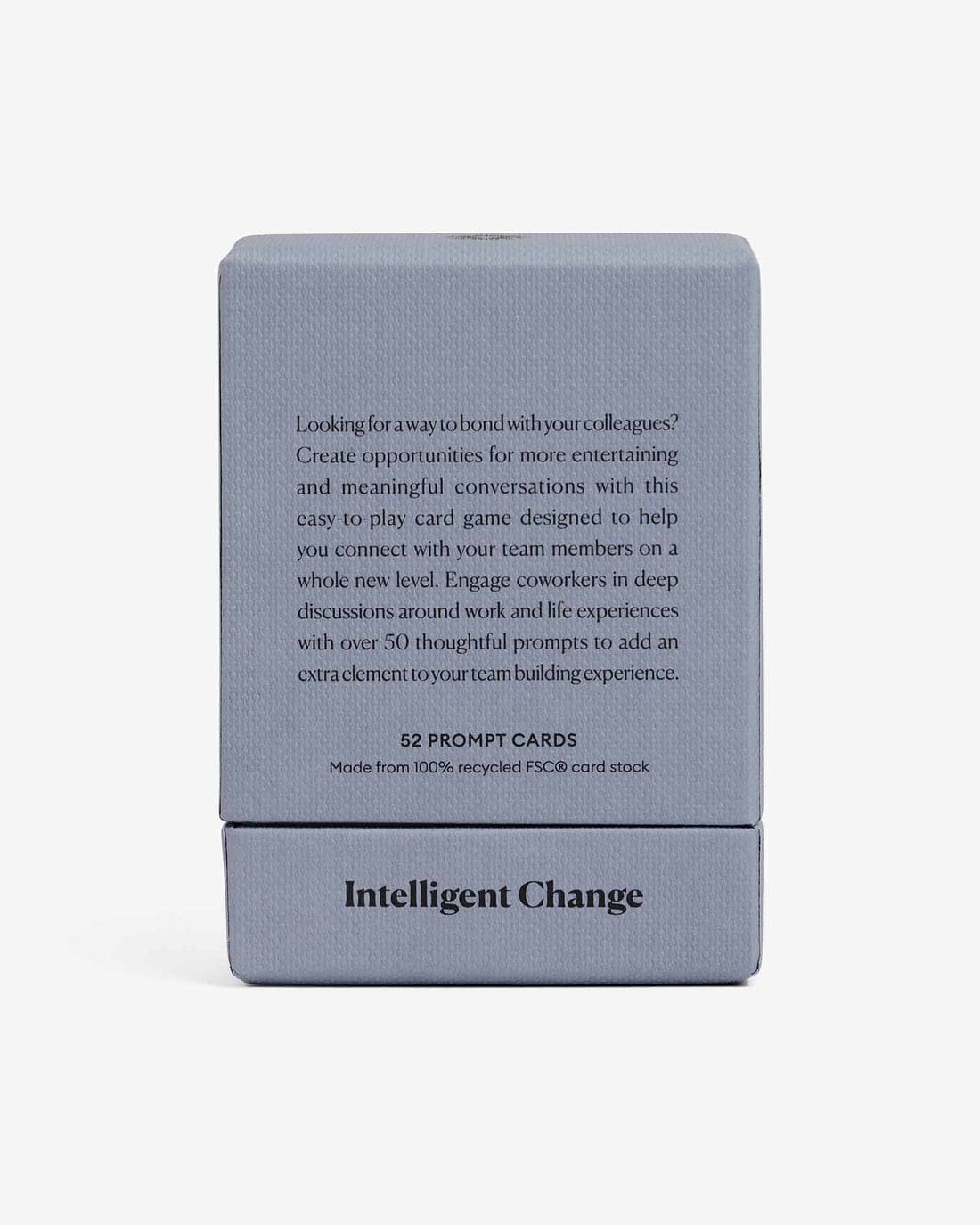 Gray textured card game box labeled Intelligent Change with 52 prompt cards for team building and workplace conversations