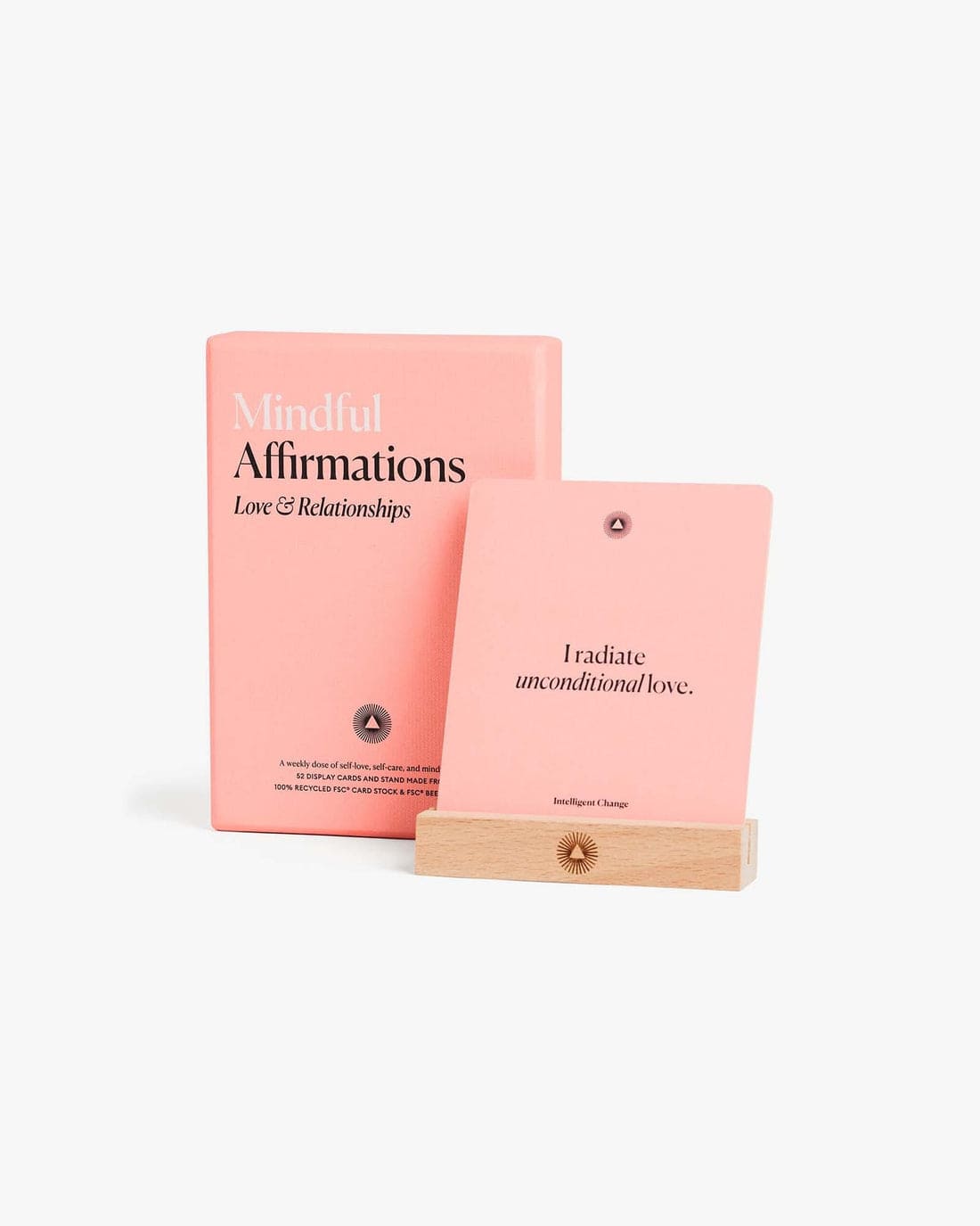 Pink affirmation card deck with wooden stand displaying "I radiate unconditional love" card from Mindful Affirmations Love & Relationships set