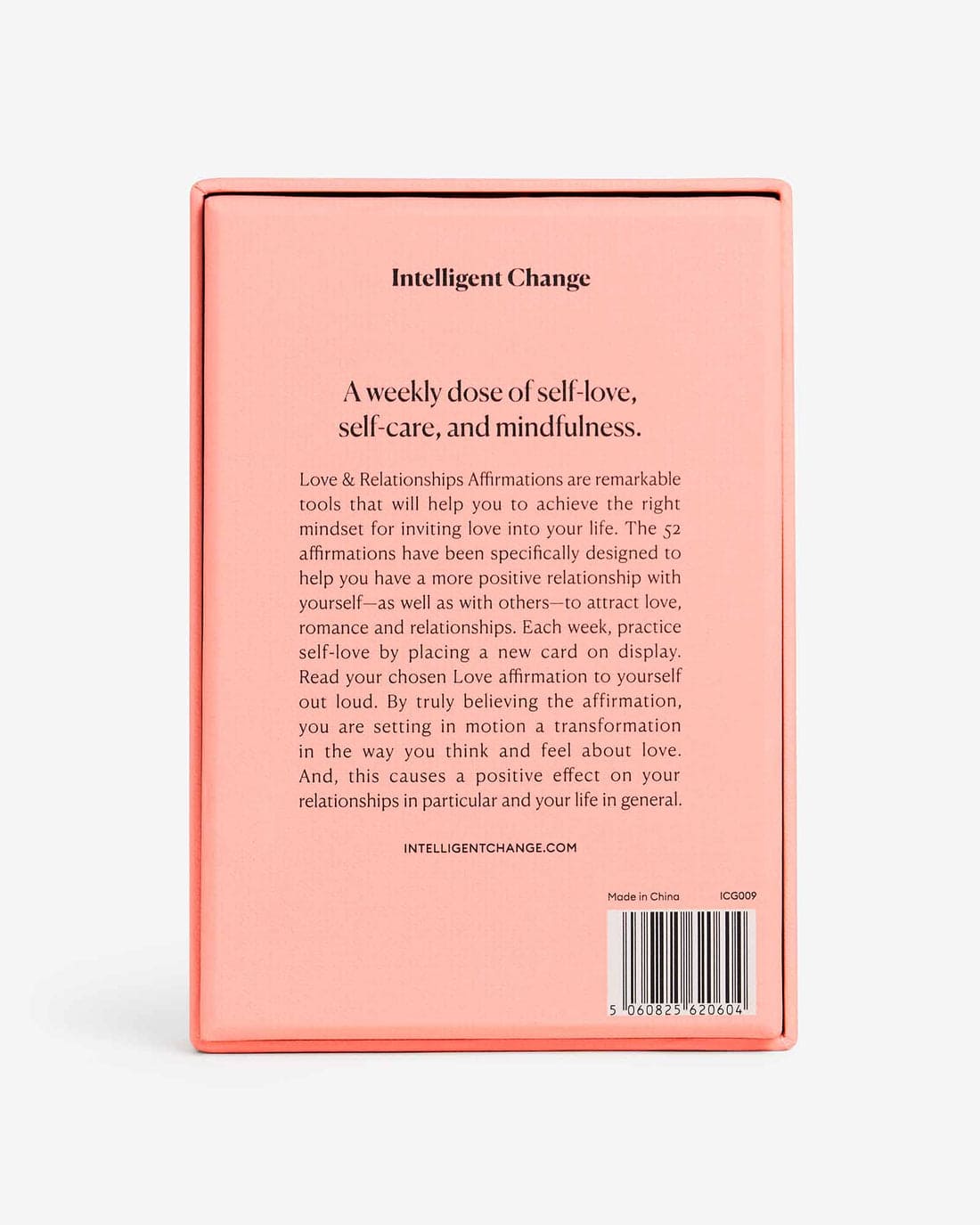 Back of pink affirmation card box describing Love & Relationships affirmations for self-love, self-care, and mindfulness