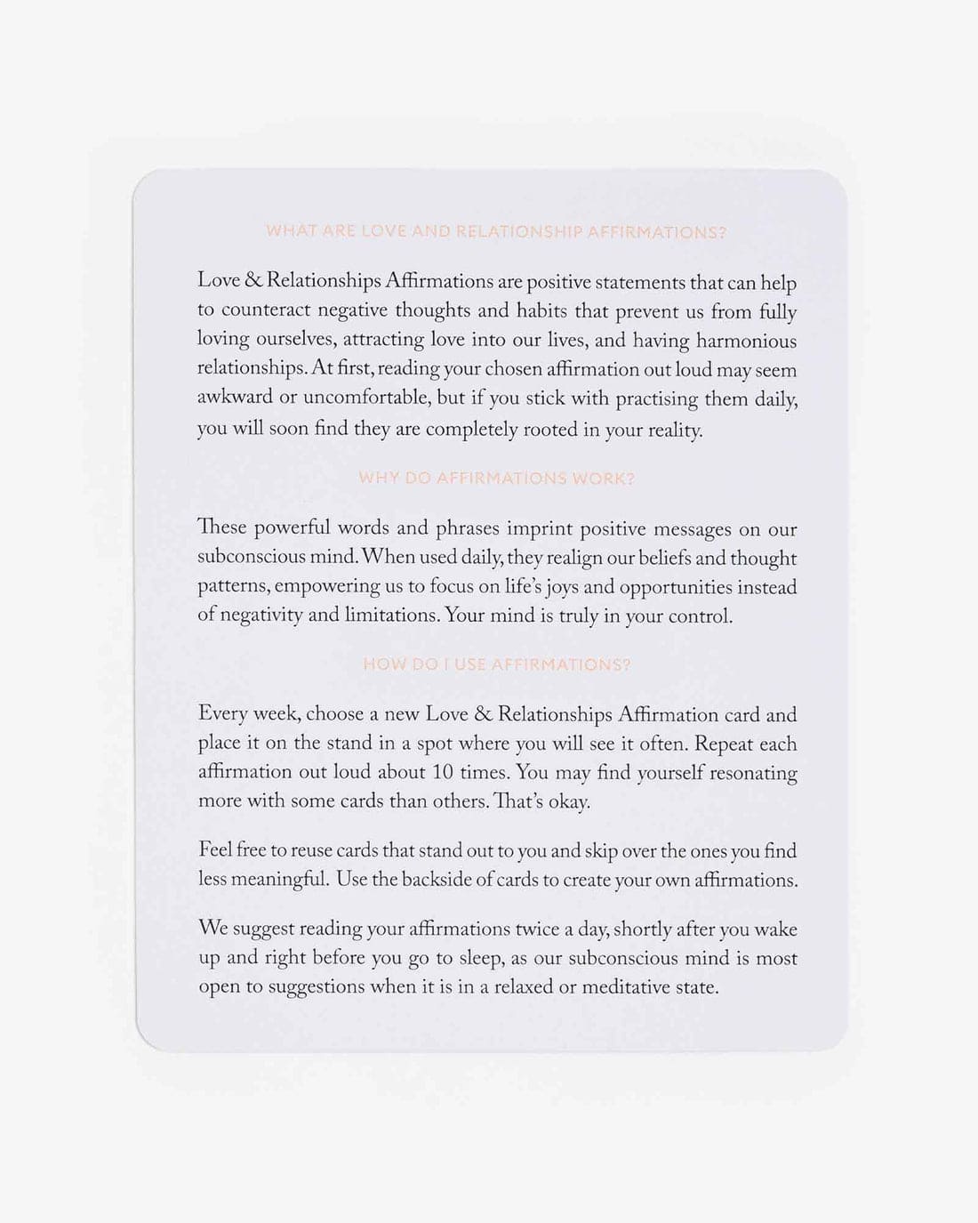 Love and Relationship Affirmations instruction card with pale purple background explaining how to use daily affirmation cards