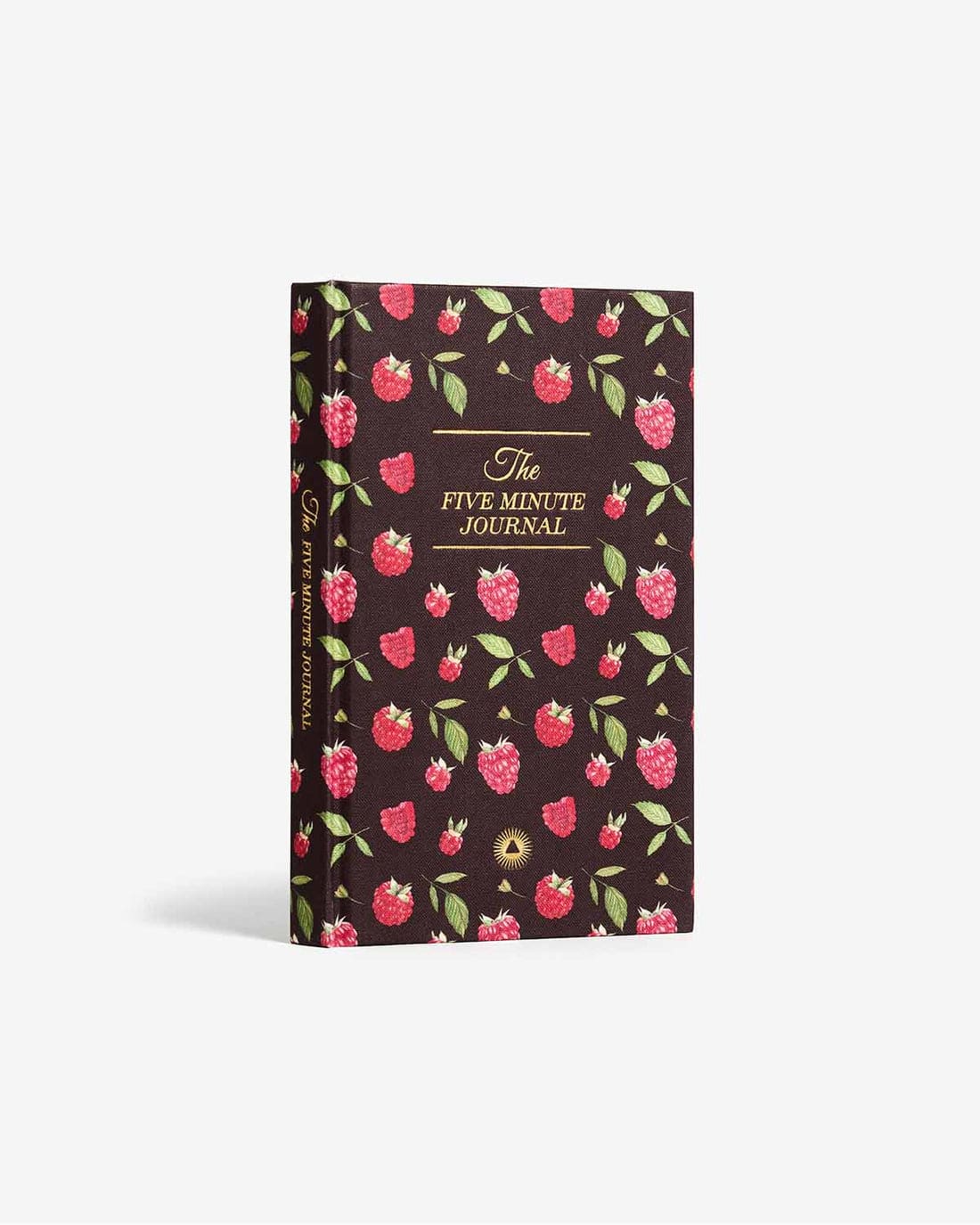 The Five Minute Journal with dark brown cover featuring pink raspberries and green leaves pattern with gold text