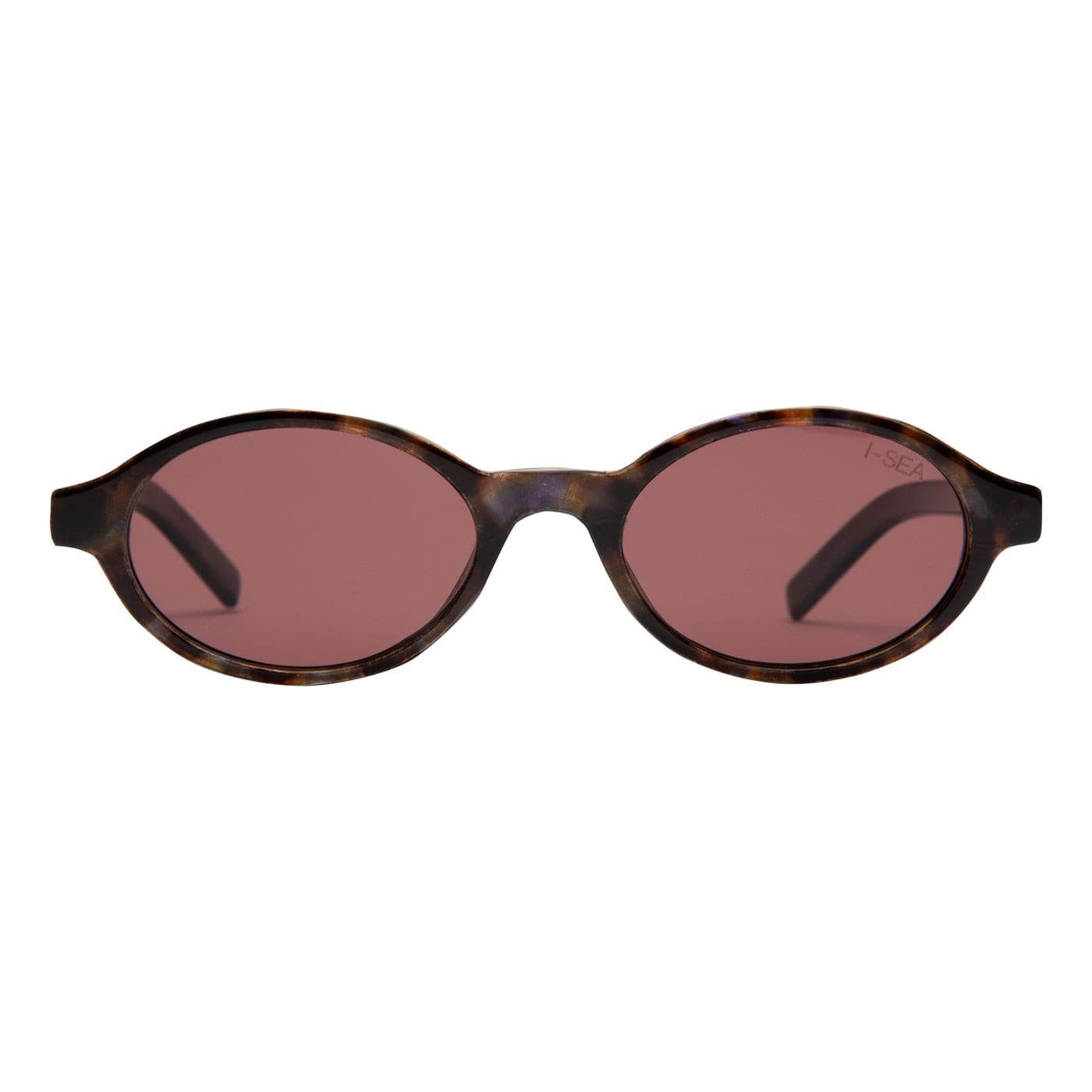 Oval tortoiseshell sunglasses with brown tinted lenses and minimalist frame design on white background