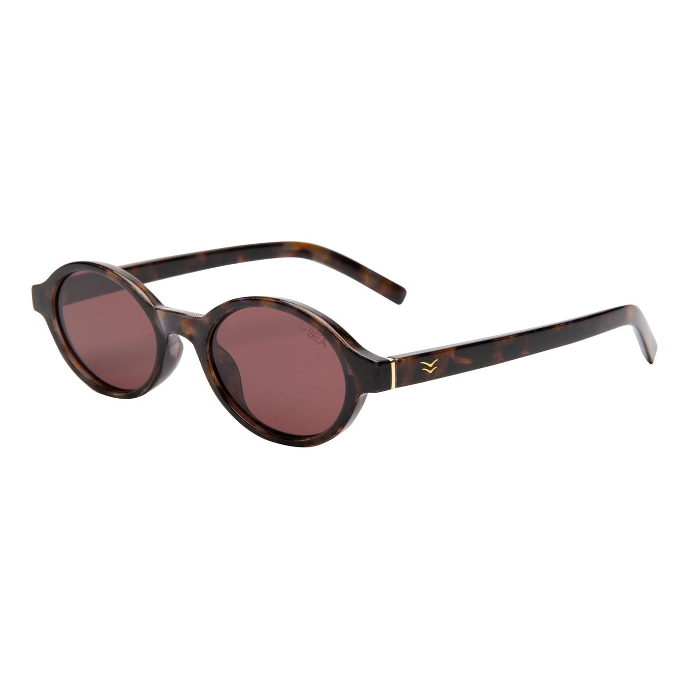 Round tortoiseshell sunglasses with dark brown lenses and gold accent logo on temple arm, displayed at an angle