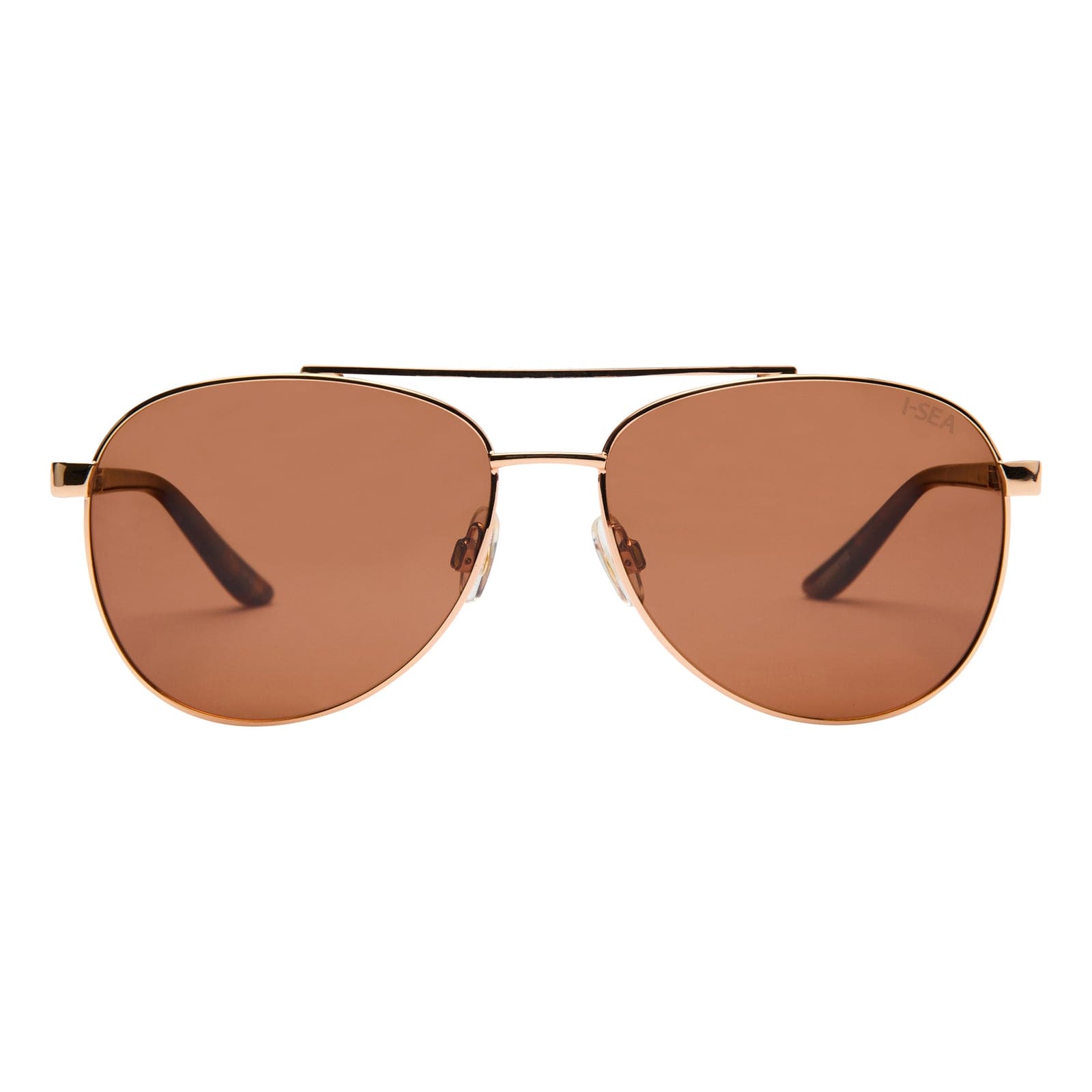 Aviator sunglasses with gold frame and brown lenses on a white background