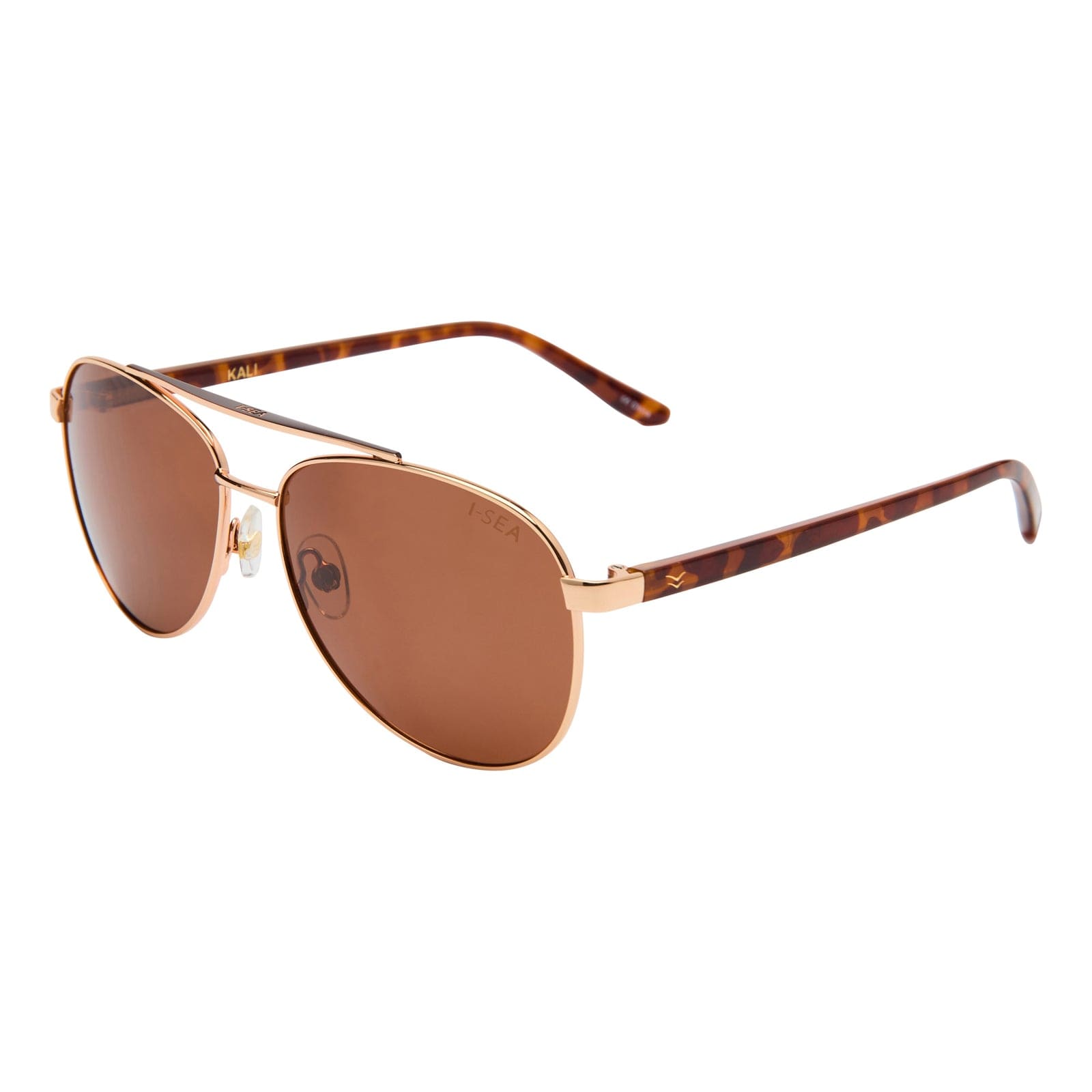 Sunglasses with brown lenses and gold frame on a white background