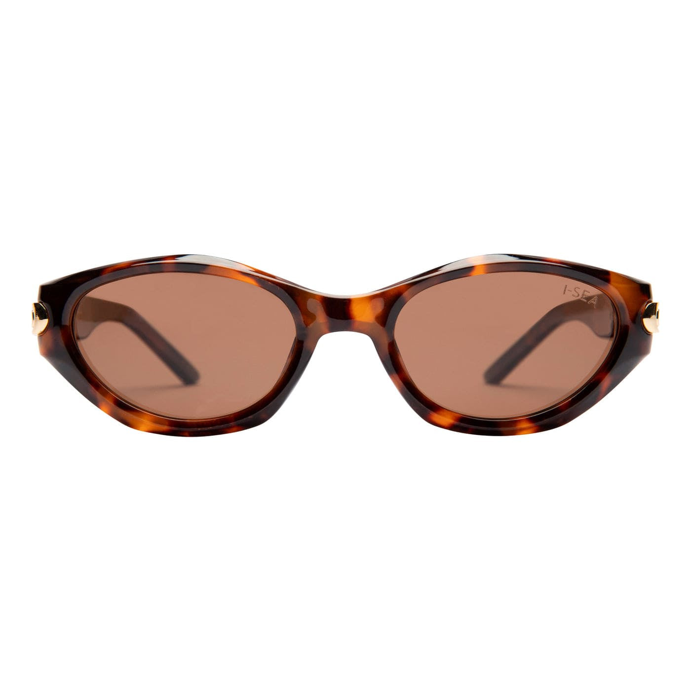 Sunglasses with tortoiseshell frame and brown lenses on a white background