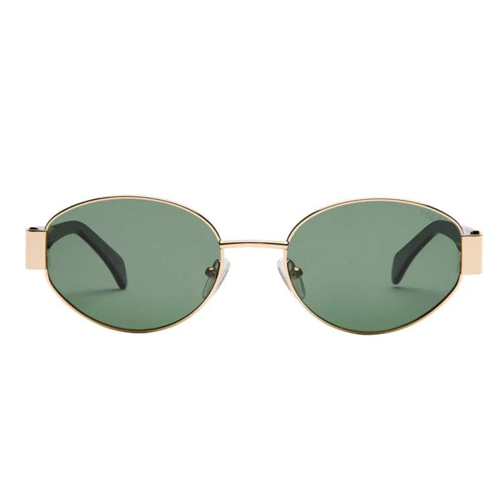 Sunglasses with gold frame and green lenses on a white background