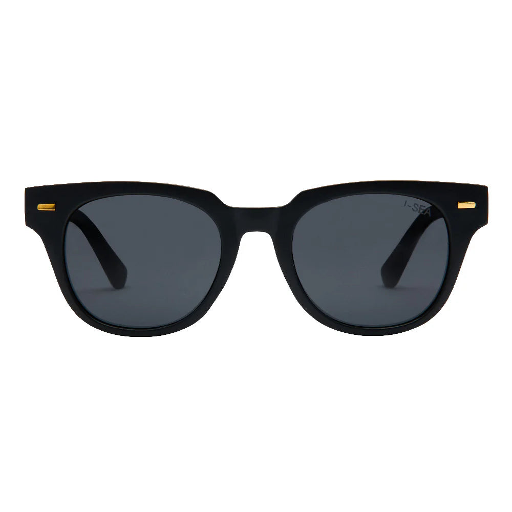 Black sunglasses with gold accents on a white background