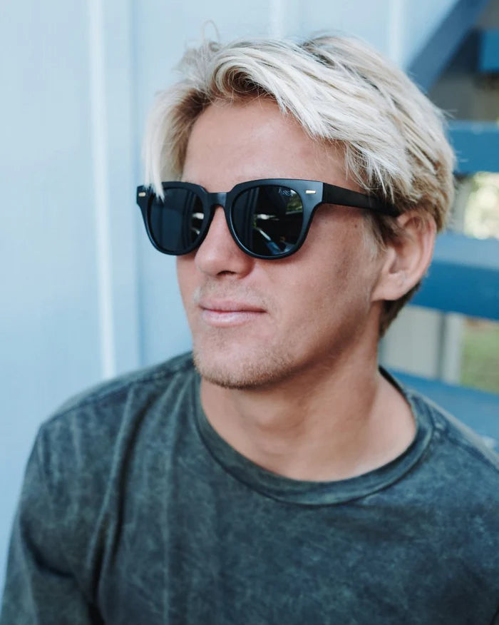 Man wearing sunglasses and a dark shirt against a light blue background