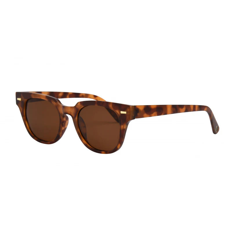 Sunglasses with tortoiseshell frame and brown lenses on a white background