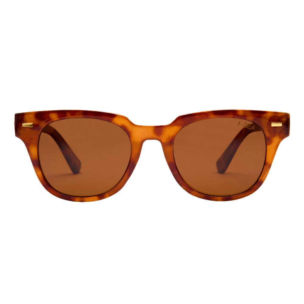 Sunglasses with tortoiseshell frame and brown lenses on a white background