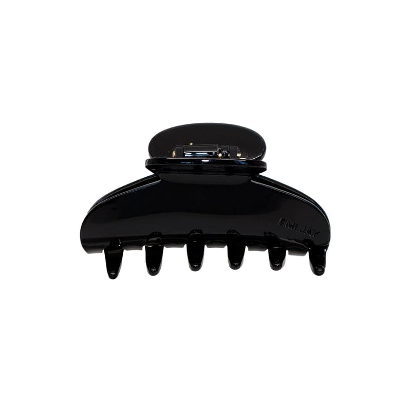 Large black glossy hair claw clip with metal hinge and six teeth for securing hair
