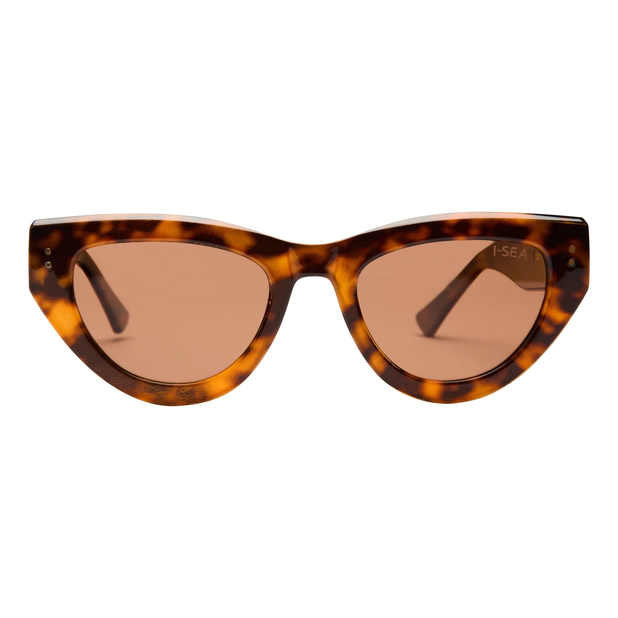 Tortoiseshell cat-eye sunglasses with brown lenses on a white background