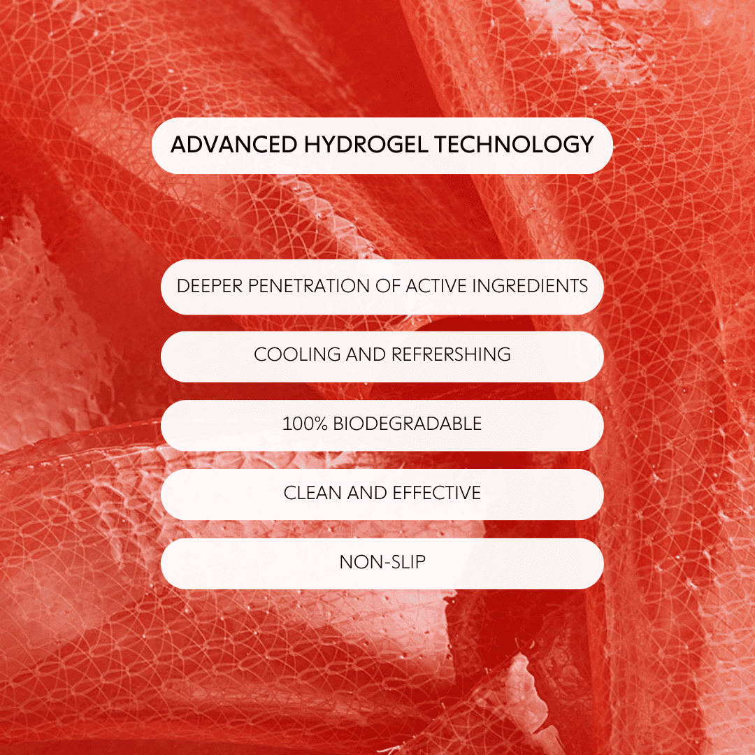 Red hydrogel face mask showing fibrous texture with white text labels listing benefits: advanced technology, deep penetration, cooling, biodegradable