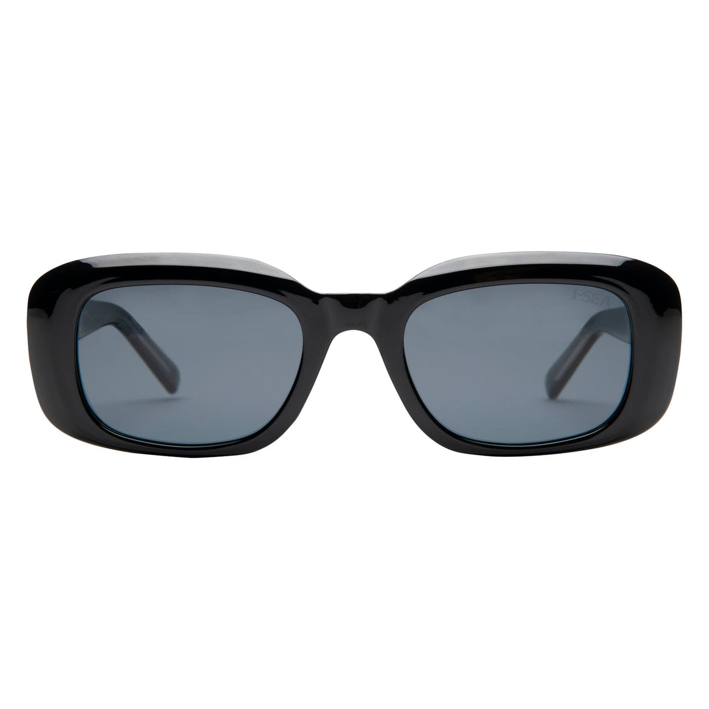 Black rectangular sunglasses with thick frames and dark gray lenses, front view on white background