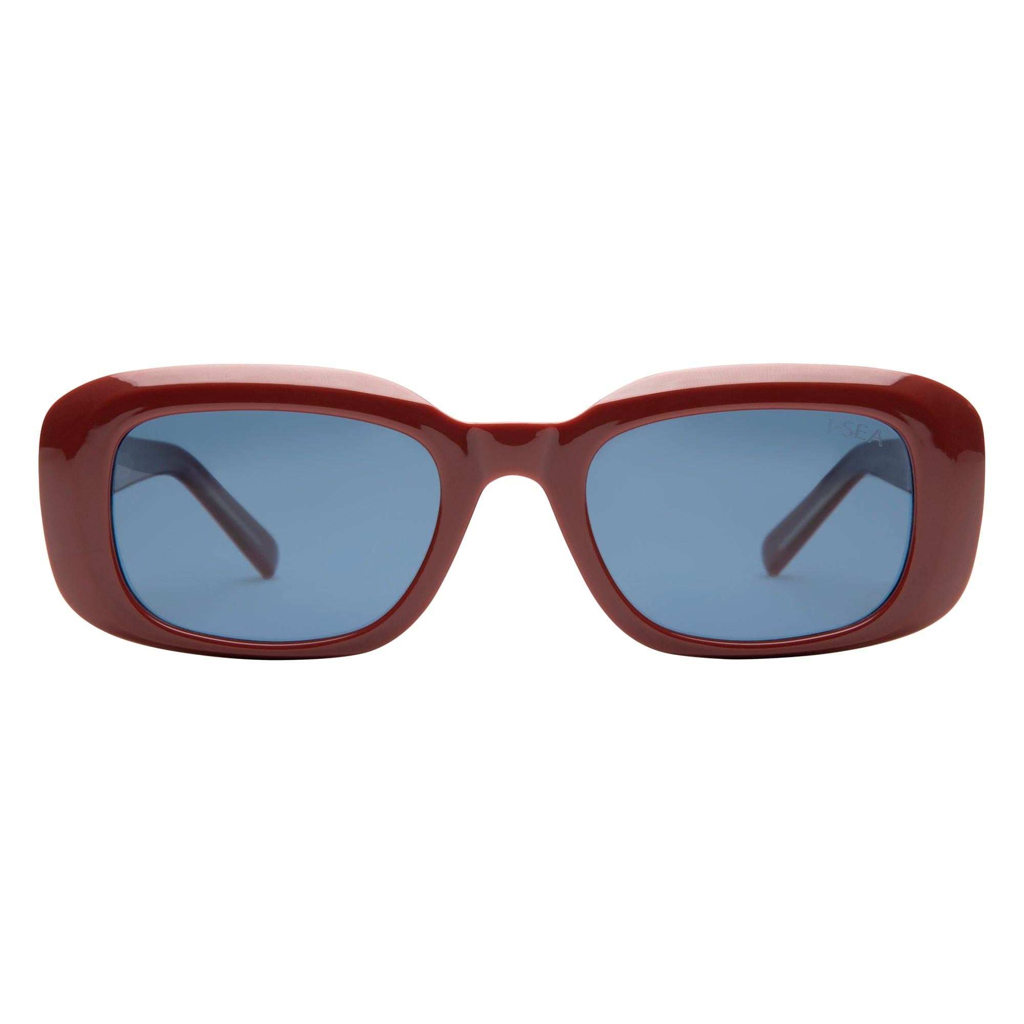 Sunglasses with a red frame and blue lenses on a white background