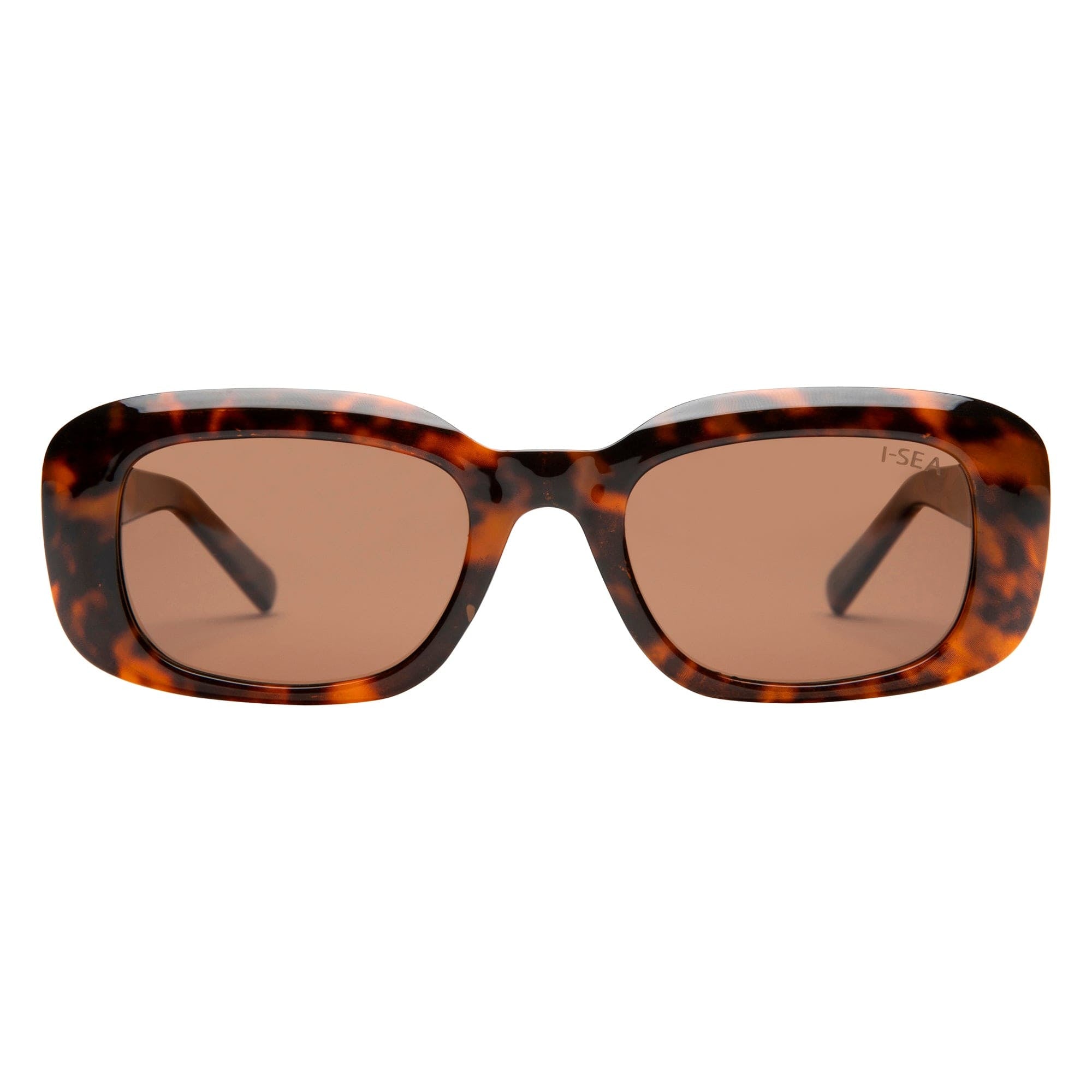 Tortoiseshell rectangular sunglasses with brown tinted lenses and thick plastic frames featuring I-SEA branding