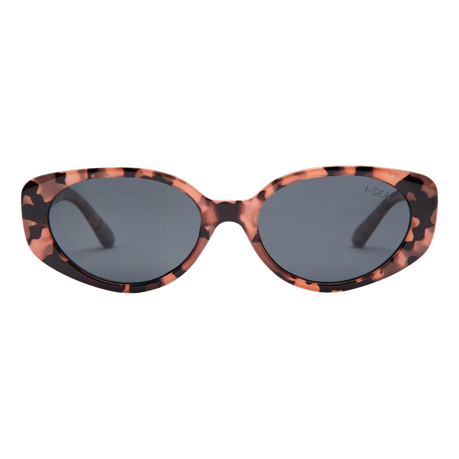 Oval sunglasses with pink and black tortoiseshell frame and dark grey lenses on white background