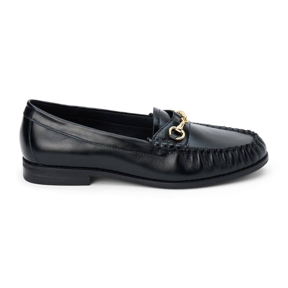 Black leather moccasin loafer with gold-tone horsebit detail and stitched trim on white background