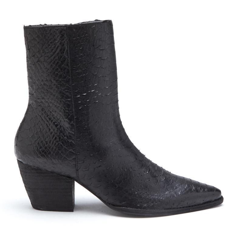 Black croc-embossed leather ankle boot with pointed toe and stacked block heel