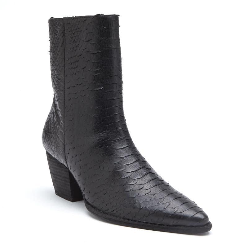 Black textured snake-embossed leather ankle boot with pointed toe and stacked block heel