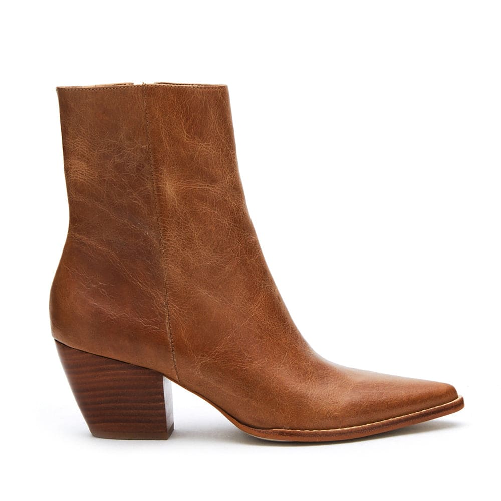 Brown leather pointed toe ankle boots with stacked wooden block heel and side zipper closure